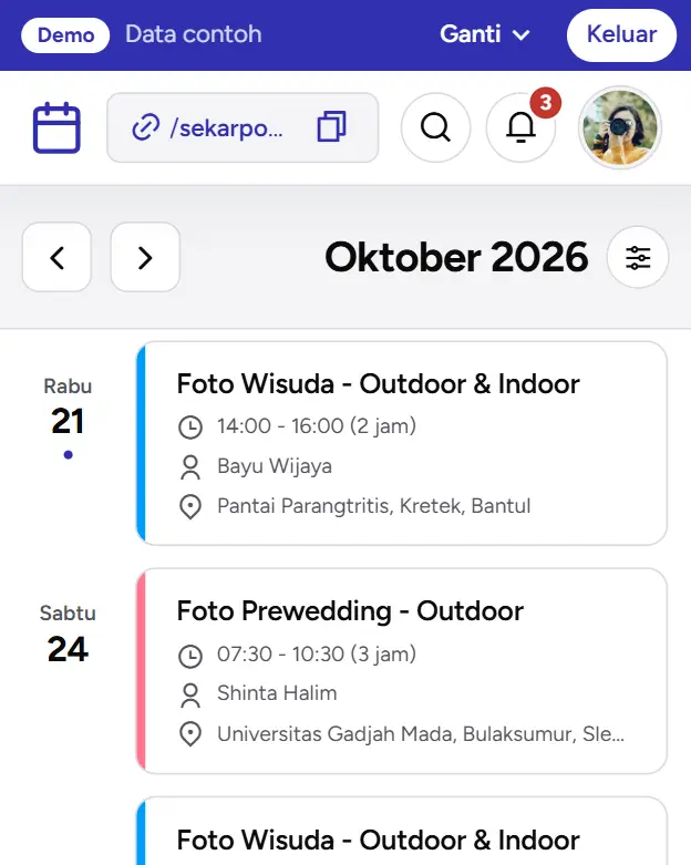 Kalender dasbor demo Sekar Ayu Photography