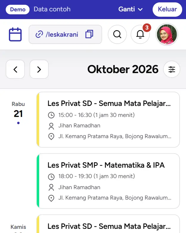 Kalender dasbor demo Kak Rani Les Privat