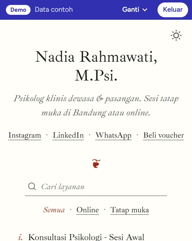 Halaman booking demo Nadia Rahmawati, M.Psi.