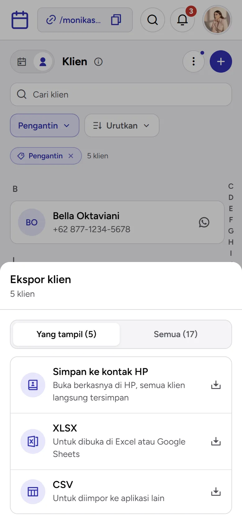 Tangkapan layar: panel Ekspor klien dengan pilihan Yang tampil atau Semua dan tiga format, tampilan ponsel