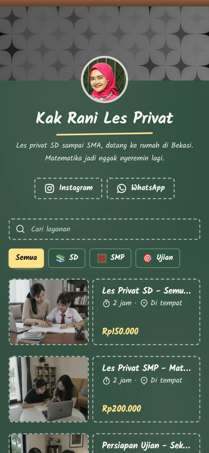 Contoh halaman booking guru les privat dengan tema Papan tulis