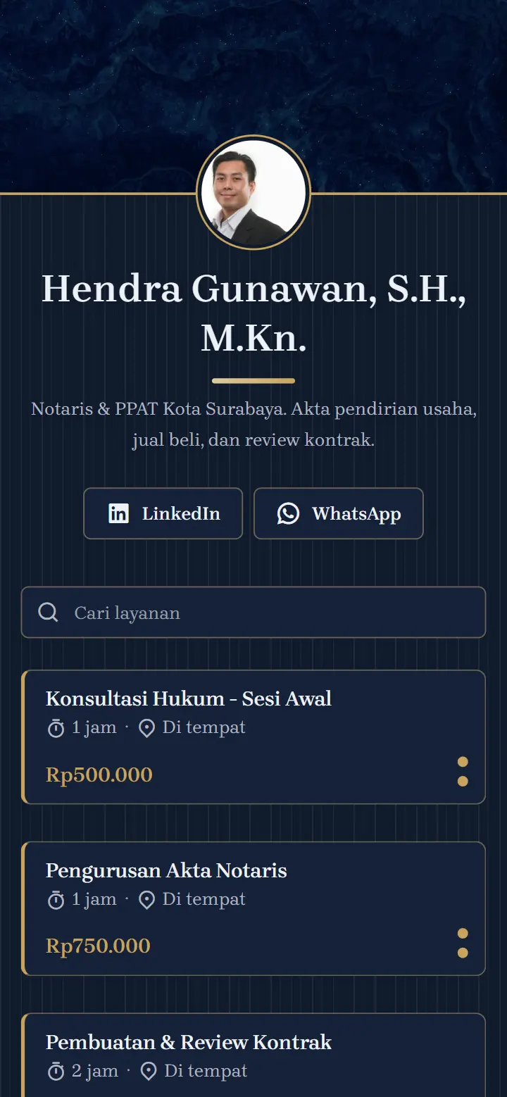 Contoh halaman booking notaris dengan tema Jas