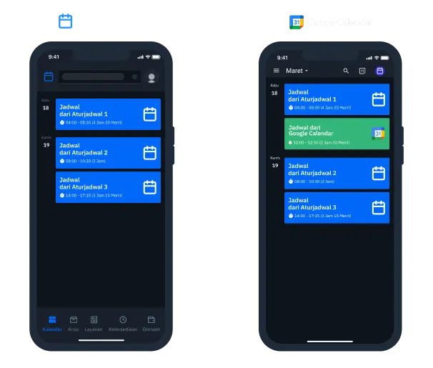 Jadwal dari Aturjadwal muncul di Google Calendar, sedangkan acara yang dibuat di Google Calendar tetap hanya ada di Google