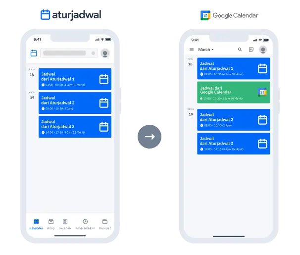 Jadwal dari Aturjadwal muncul di Google Calendar, sedangkan acara yang dibuat di Google Calendar tetap hanya ada di Google