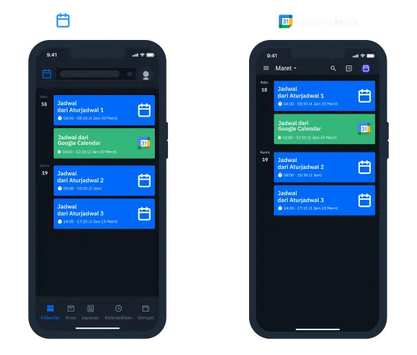 Jadwal dari Aturjadwal muncul di Google Calendar, dan acara dari Google Calendar ikut tampil di kalender Aturjadwal