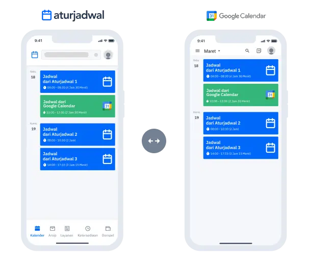 Jadwal dari Aturjadwal muncul di Google Calendar, dan acara dari Google Calendar ikut tampil di kalender Aturjadwal