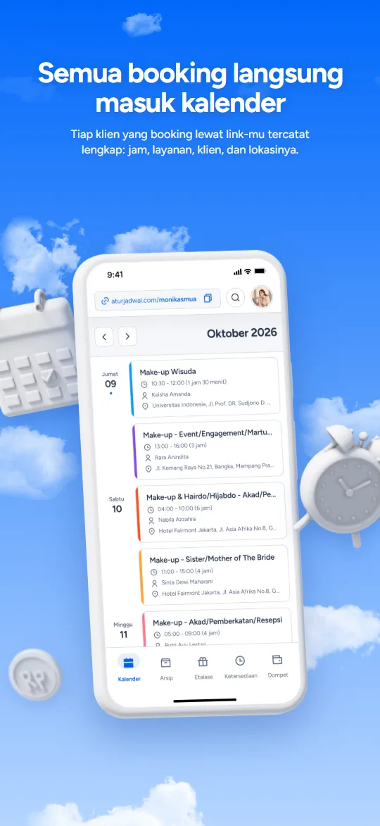 Semua booking langsung masuk kalender. Layar Kalender di aplikasi Aturjadwal.