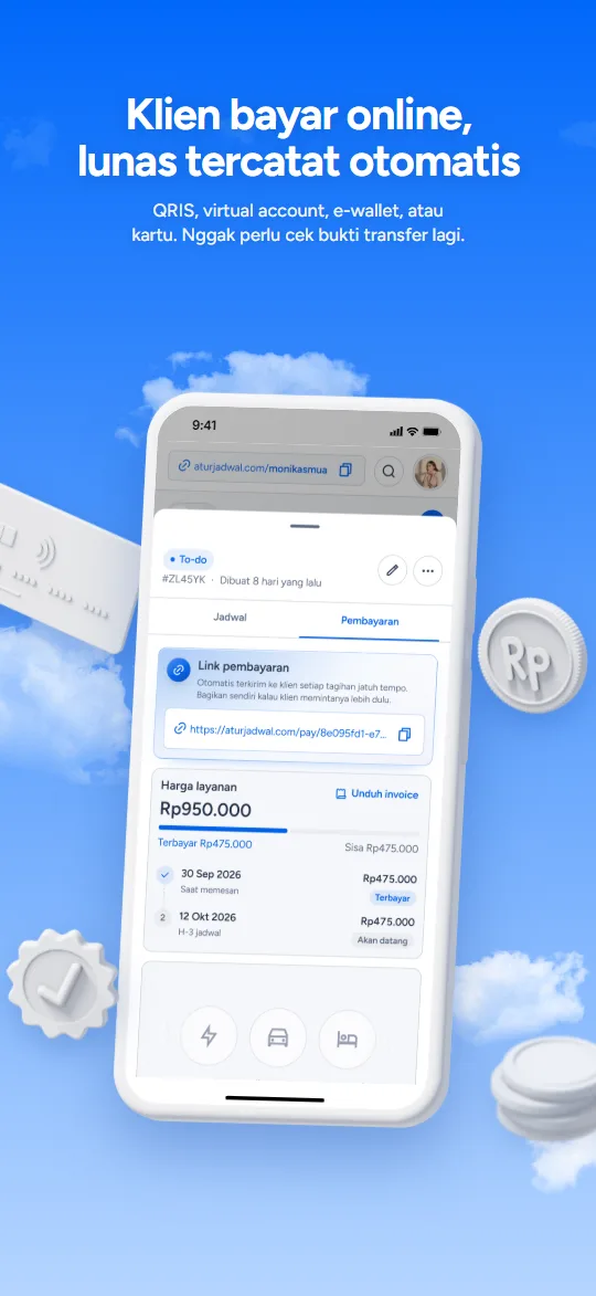 Klien bayar online, lunas tercatat otomatis. Layar Pembayaran online di aplikasi Aturjadwal.