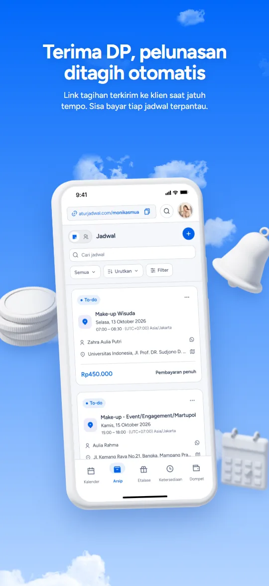 Terima DP, pelunasan ditagih otomatis. Layar DP & pelunasan di aplikasi Aturjadwal.