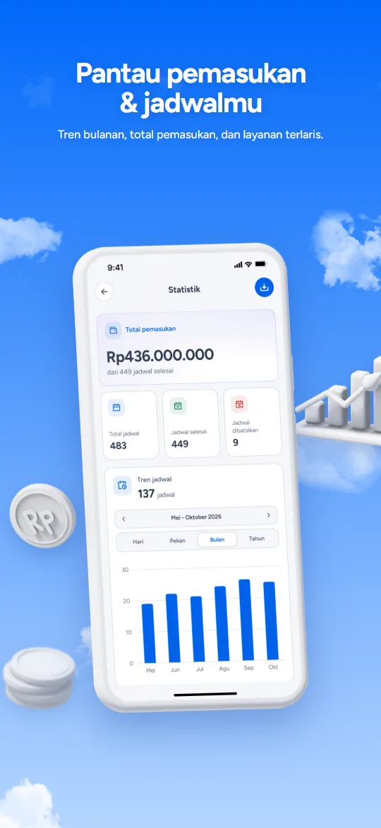 Pantau pemasukan & jadwalmu. Layar Statistik di aplikasi Aturjadwal.