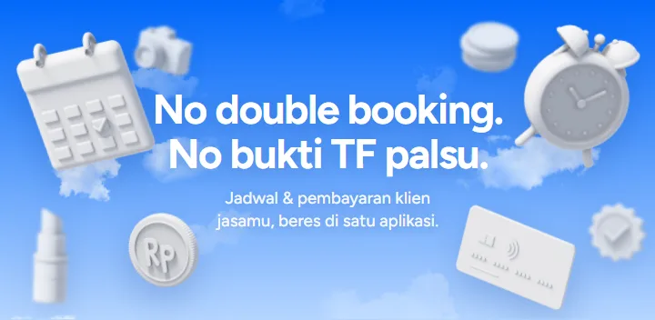 Feature graphic Aturjadwal untuk Play Store: No double booking. No bukti TF palsu.