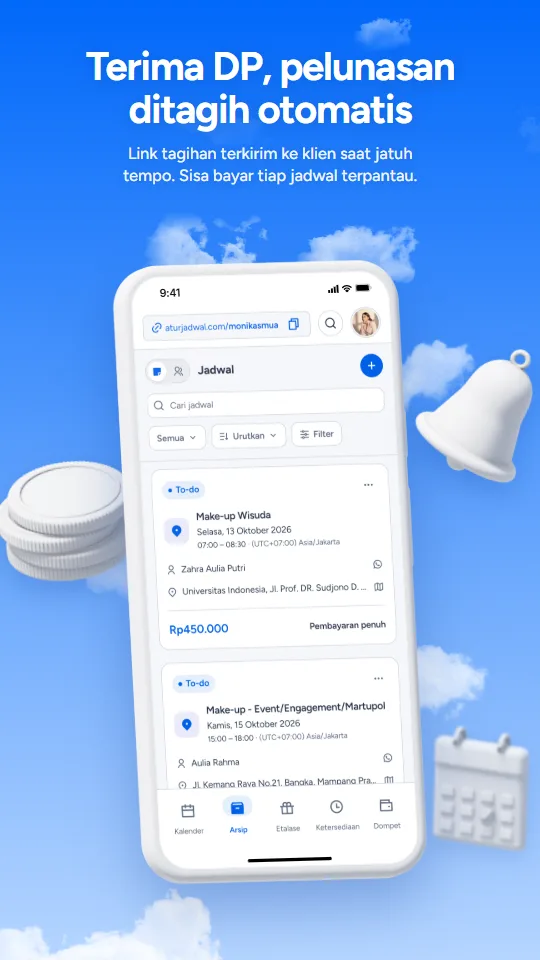 Terima DP, pelunasan ditagih otomatis. Layar DP & pelunasan di aplikasi Aturjadwal.